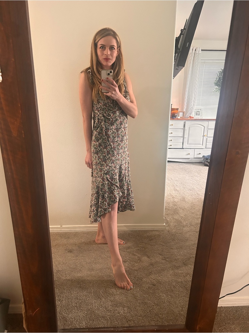 Max Studio Floral Tie-Waist Midi Dress in Green Multi